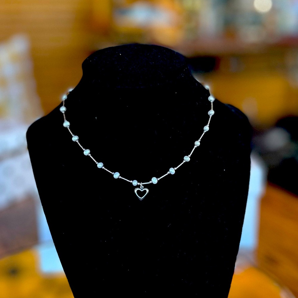 Fresh Water Pearl Signed 925 Liquid Silver Cutout Heart Choker Necklace